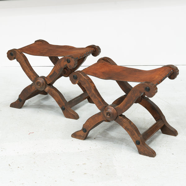 Pair of Spanish Leather Topped X Stools