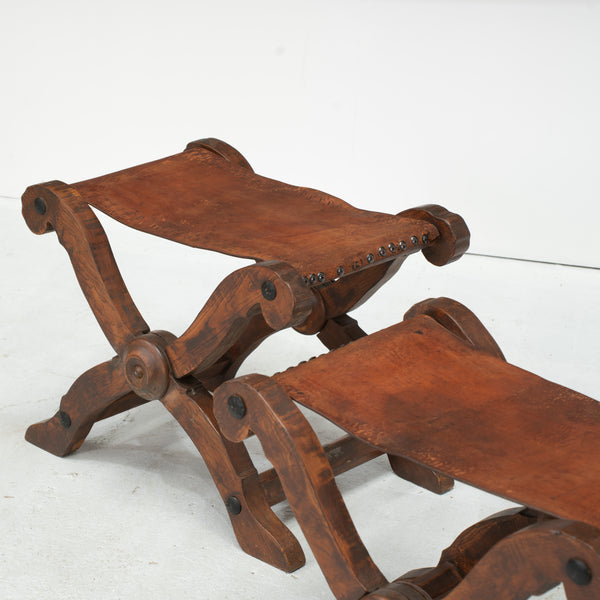 Pair of Spanish Leather Topped X Stools