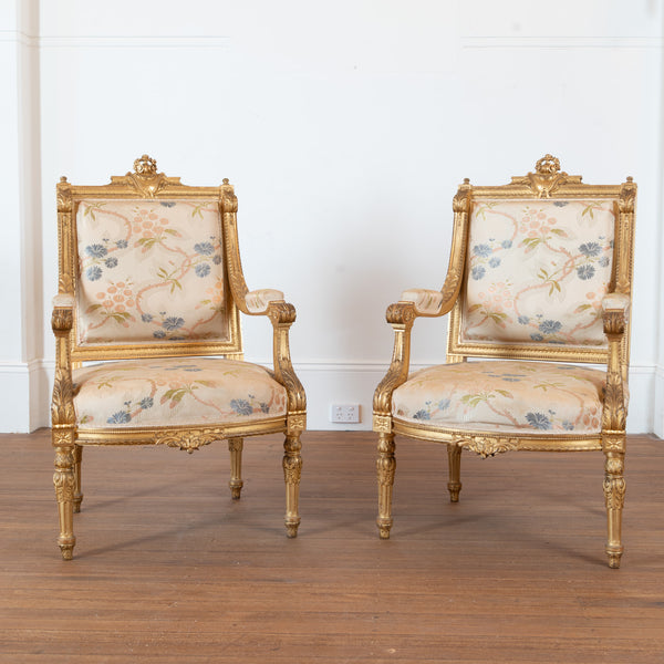 A Pair of Louis XVI Style Giltwood Fauteuils, French, Late 19th Century (2 Pairs Available)