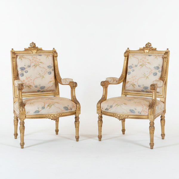 A Pair of Louis XVI Style Giltwood Fauteuils, French, Late 19th Century (2 Pairs Available)