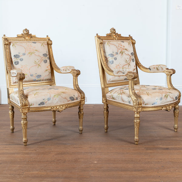 A Pair of Louis XVI Style Giltwood Fauteuils, French, Late 19th Century (2 Pairs Available)