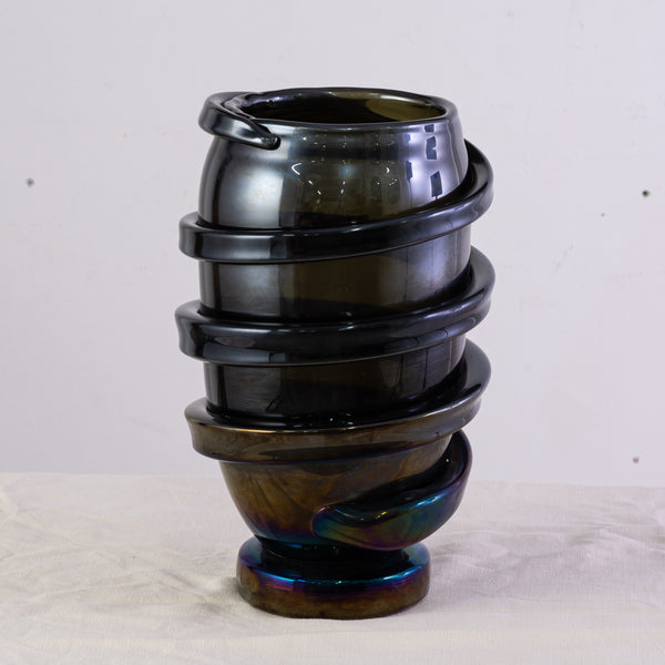 A Black Murano Vase with applied iridescent swirl