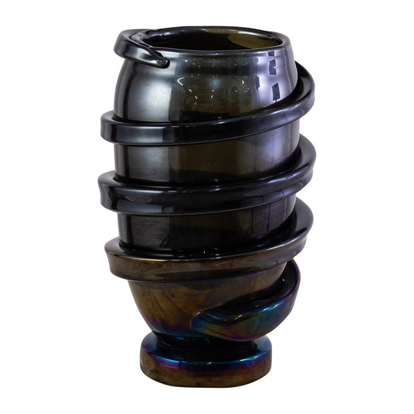 A Black Murano Vase with applied iridescent swirl