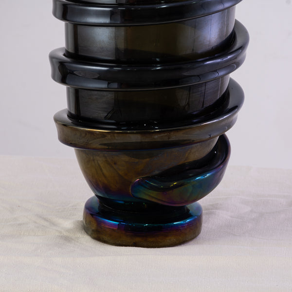 A Black Murano Vase with applied iridescent swirl