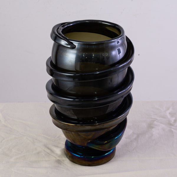 A Black Murano Vase with applied iridescent swirl