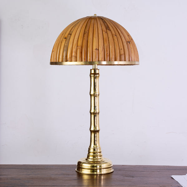 Large Brass Faux Bamboo Table Lamp with Split Bamboo Shade