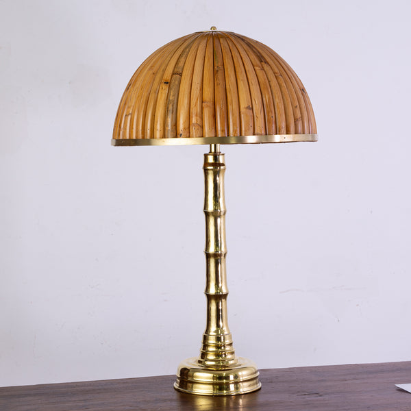 Large Brass Faux Bamboo Table Lamp with Split Bamboo Shade