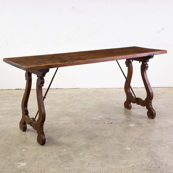 19th Century Spanish Console Table with Solid Walnut Plank Top