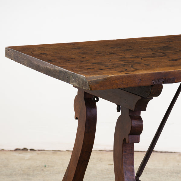 19th Century Spanish Console Table with Solid Walnut Plank Top