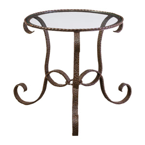 Art Deco Hammered Iron Side Table with Glass Top