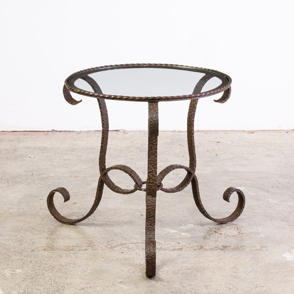 Art Deco Hammered Iron Side Table with Glass Top