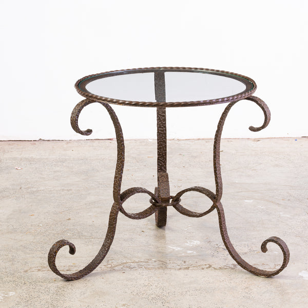 Art Deco Hammered Iron Side Table with Glass Top