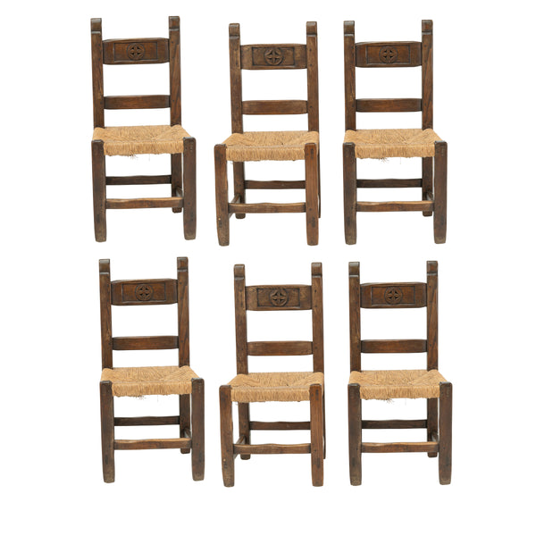 Six 1960s Italian Oak and Rush Caned Chairs