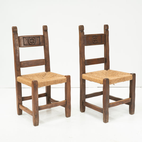 Six 1960s Italian Oak and Rush Caned Chairs