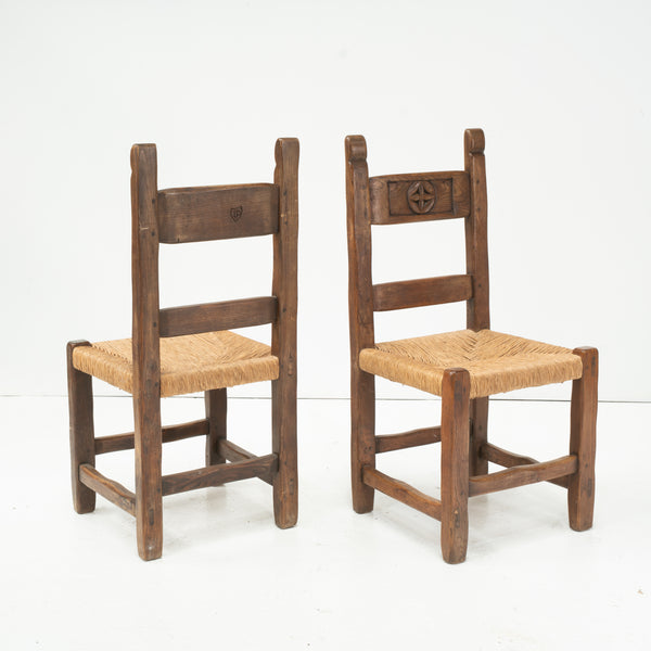 Six 1960s Italian Oak and Rush Caned Chairs