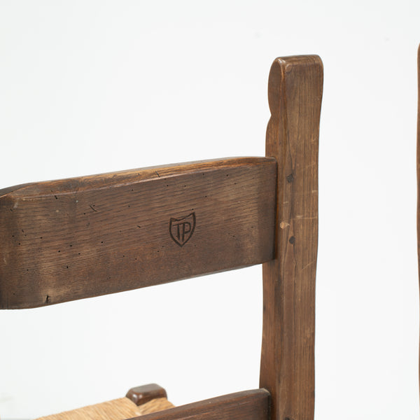 Six 1960s Italian Oak and Rush Caned Chairs