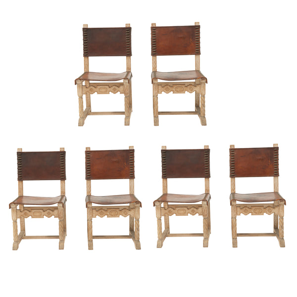 Set of 6 Mid Century Cerused Oak and Leather Dining Chairs