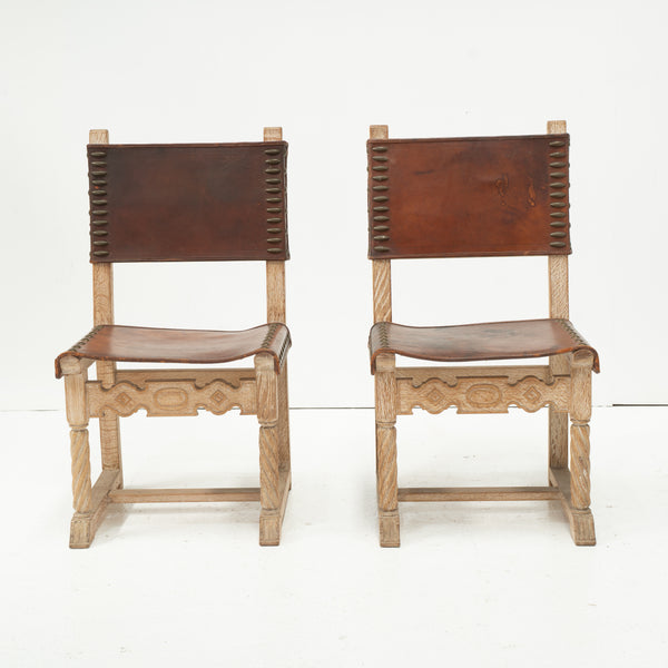 Set of 6 Mid Century Cerused Oak and Leather Dining Chairs