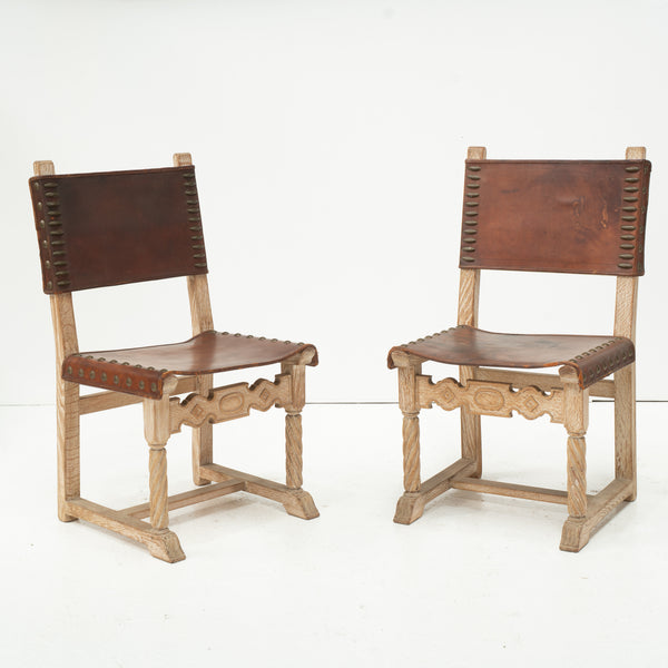 Set of 6 Mid Century Cerused Oak and Leather Dining Chairs