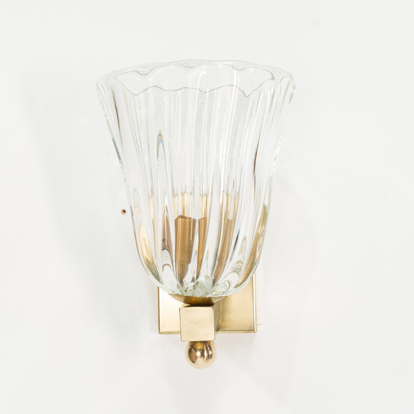 Pair of Clear Murano Wall Sconces with Ribbed Detail