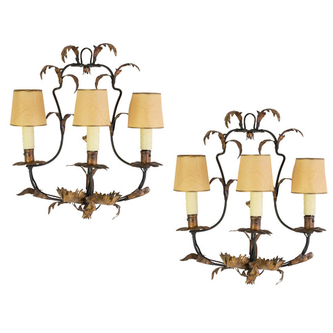 Pair Early 20th Century Gilt Iron Wall Sconces