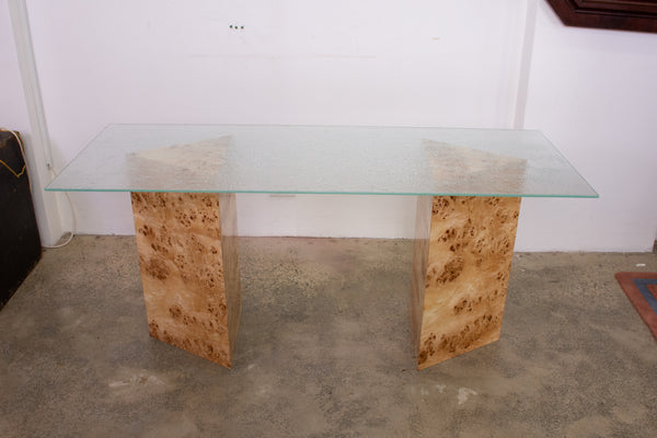 Triangular Burl Desk/Console with Mottled Glass Top