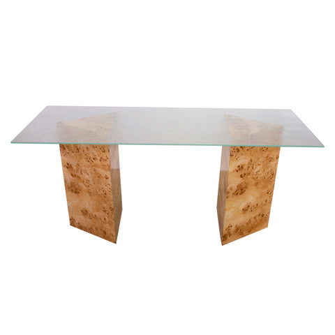 Triangular Burl Desk/Console with Mottled Glass Top