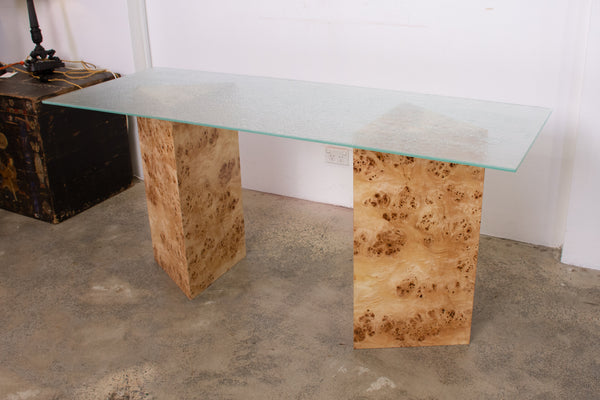 Triangular Burl Desk/Console with Mottled Glass Top