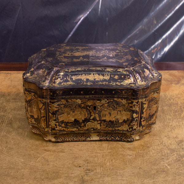 19th Century Chinese Export Black and Gilt Lacquer Tea Caddy