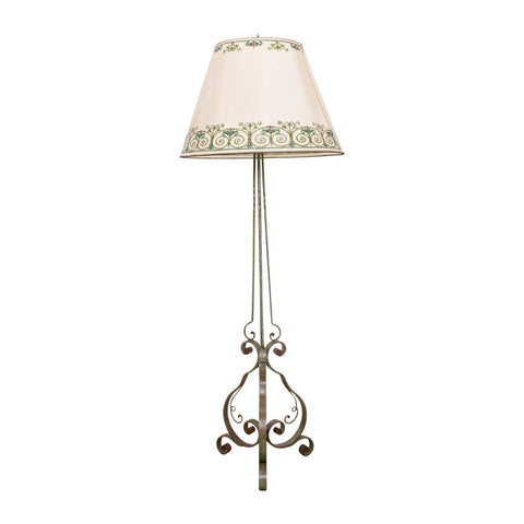 Art Deco Wrought Iron Standard Lamp with Hand Painted Shade