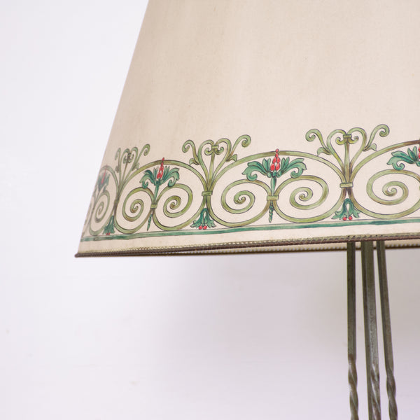 Art Deco Wrought Iron Standard Lamp with Hand Painted Shade
