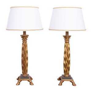 Pair of Antique Italian Gilt Column Lamps