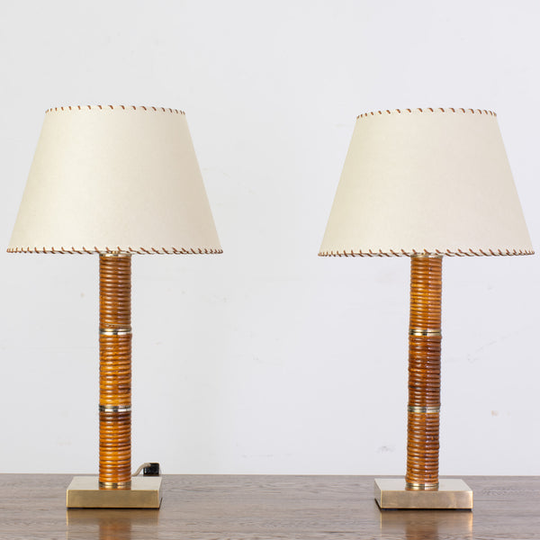 1970s Rattan and Brass Table Lamps