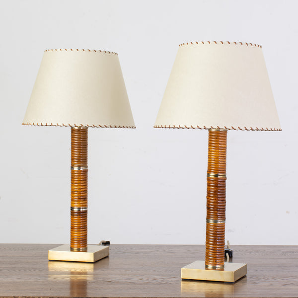 1970s Rattan and Brass Table Lamps