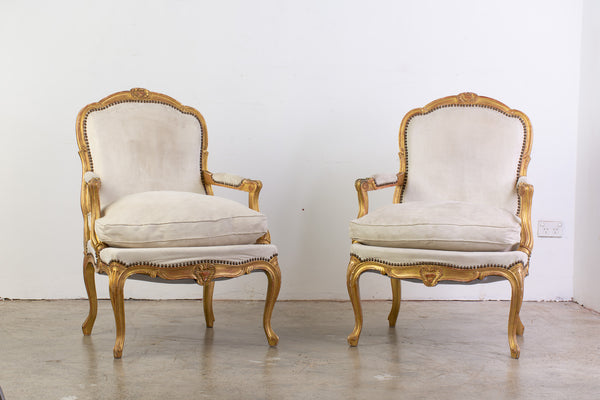 Pair of Louis XV Style Giltwood Armchairs