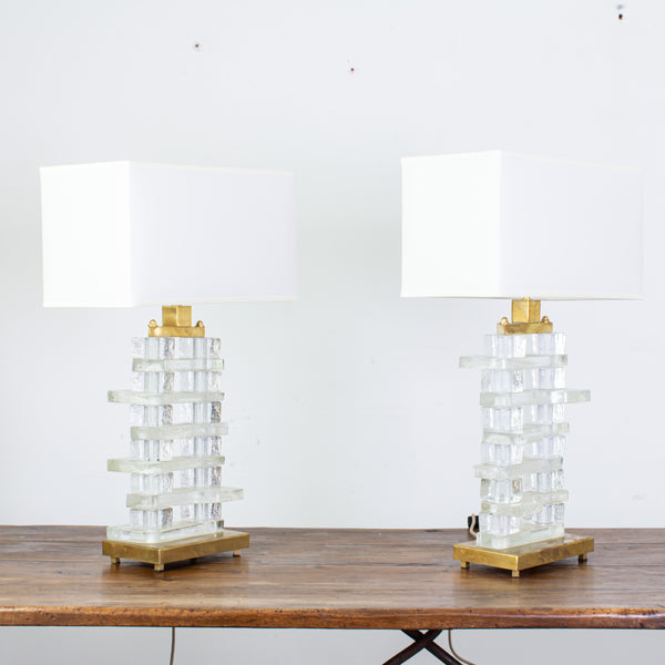 Near Pair of Murano Glass and Brass Table Lamps