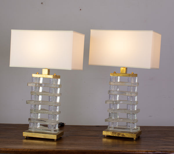 Near Pair of Murano Glass and Brass Table Lamps