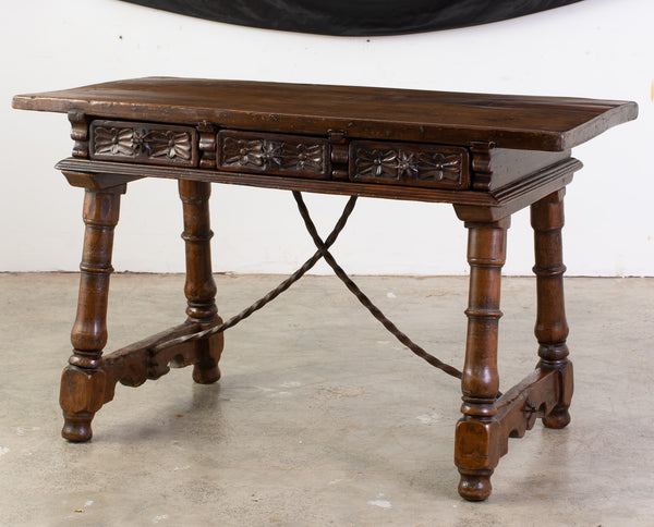 Spanish Walnut Console Table with Foliate Drawer Fronts