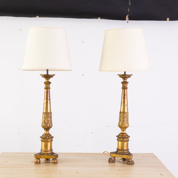 A Near Pair Early 20th Century Italian Giltwood Pricket Stick Lamps