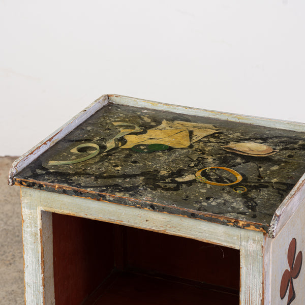 A pair of decorative and unusual trompe-l'oielle decorated small bedside tables