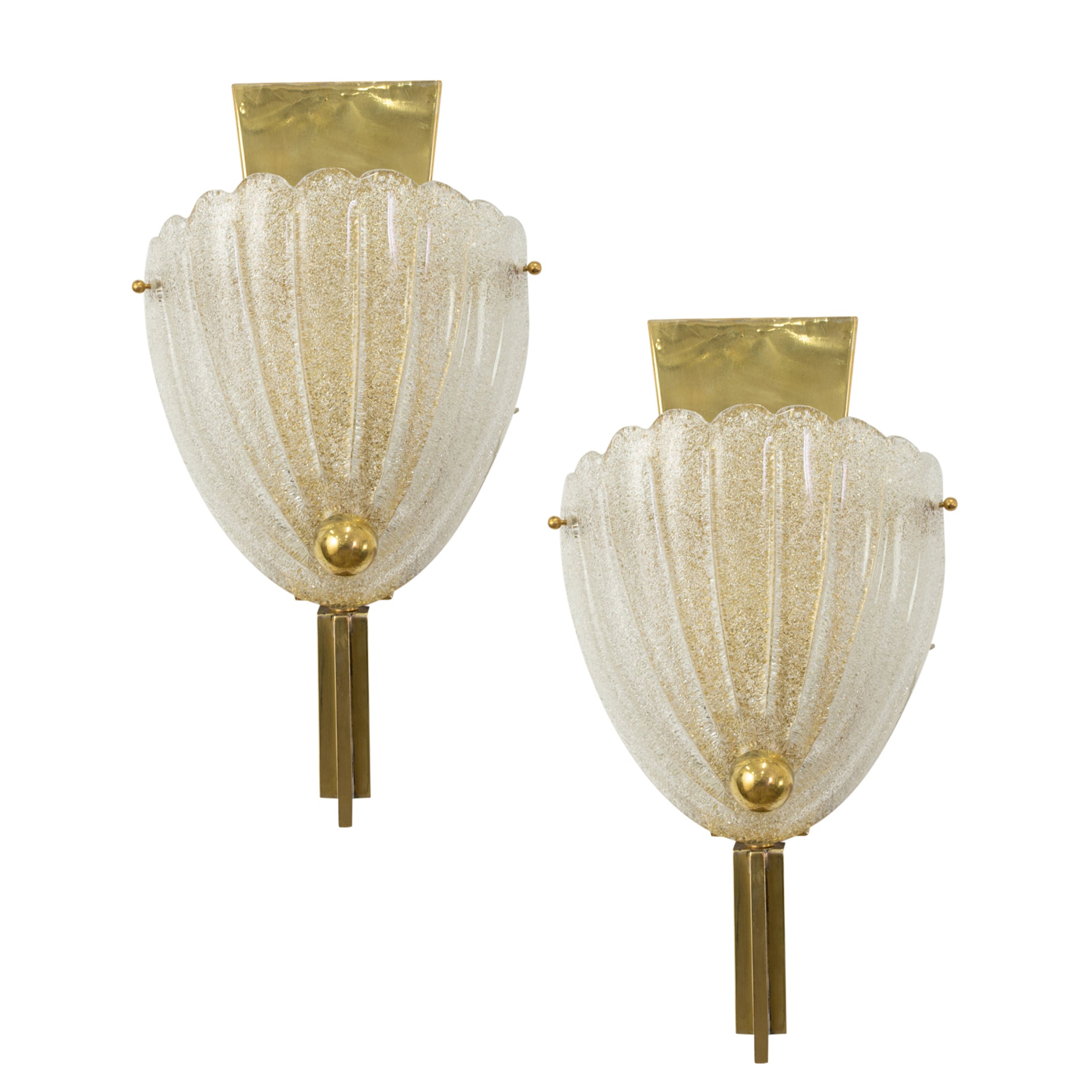 Pair of Frosted Murano and Brass Shell Wall Sconce