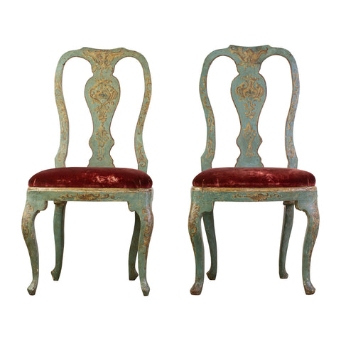 Pair of 18th Century Venetian Side Chairs, in green lacquer with floral gilt decoration