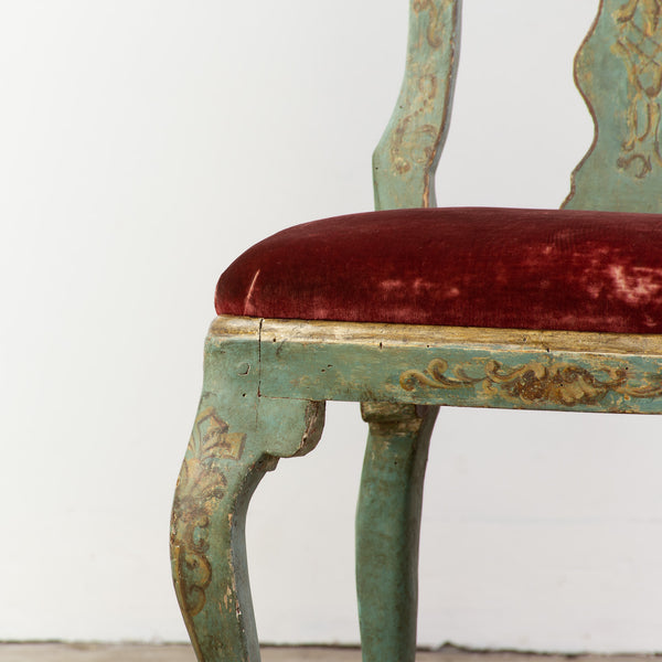 Pair of 18th Century Venetian Side Chairs, in green lacquer with floral gilt decoration