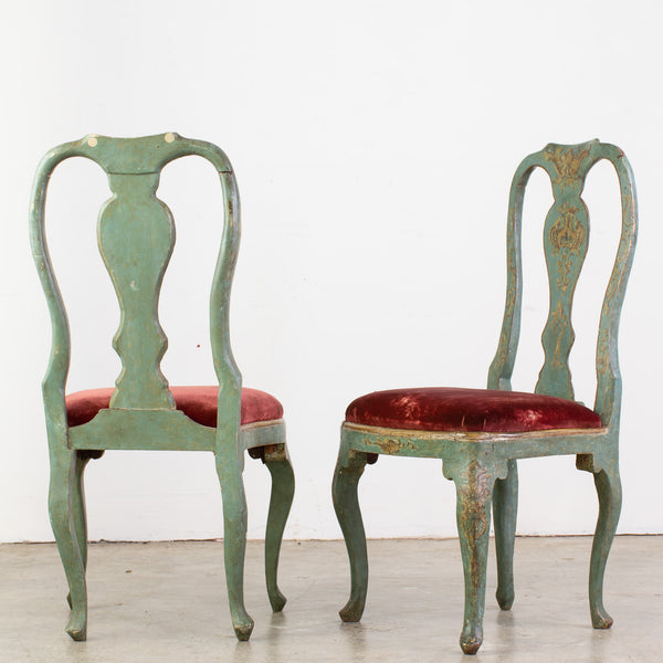 Pair of 18th Century Venetian Side Chairs, in green lacquer with floral gilt decoration