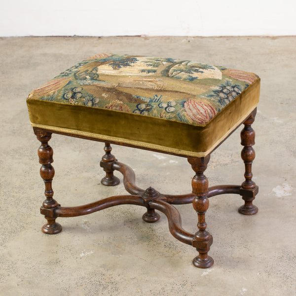 A Louis XIII Style Walnut Stool with Verdure Tapestry