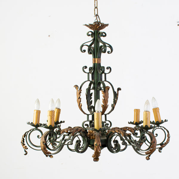 French Rococo Green Painted Iron and Gilt Tole Chandelier