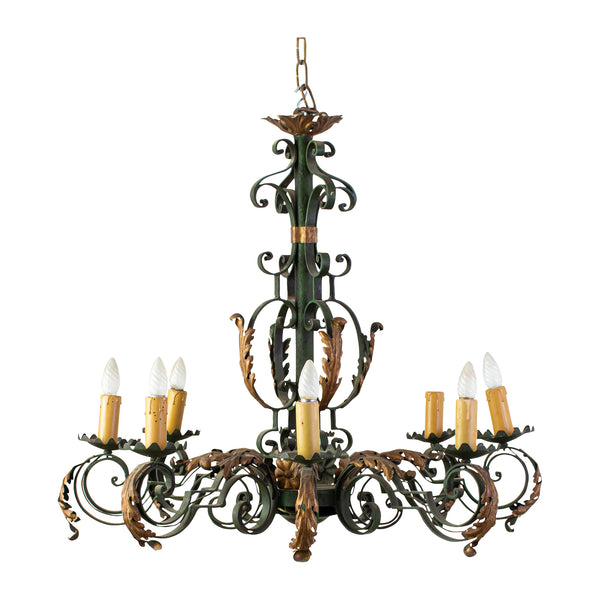 French Rococo Green Painted Iron and Gilt Tole Chandelier