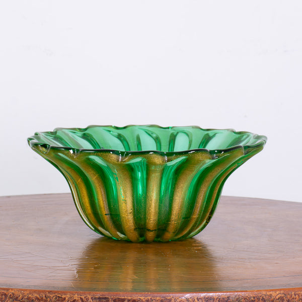 A large Green Murano Ribbed Bowl