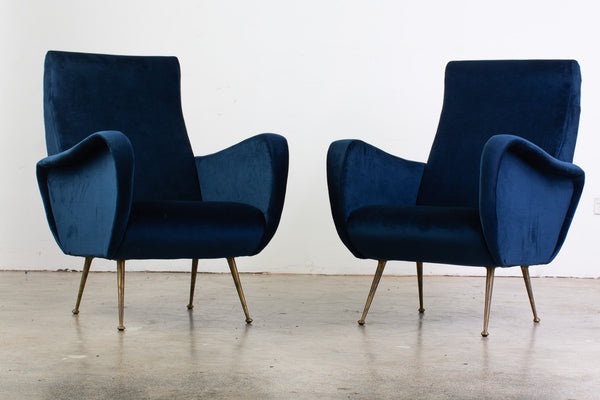 Pair of Mid Century Velvet Armchairs with Brass Glides