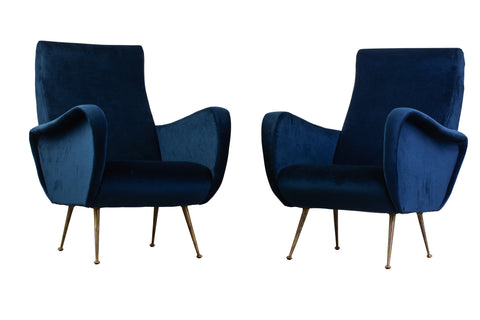   Pair of Mid Century Velvet Armchairs with Brass Glides